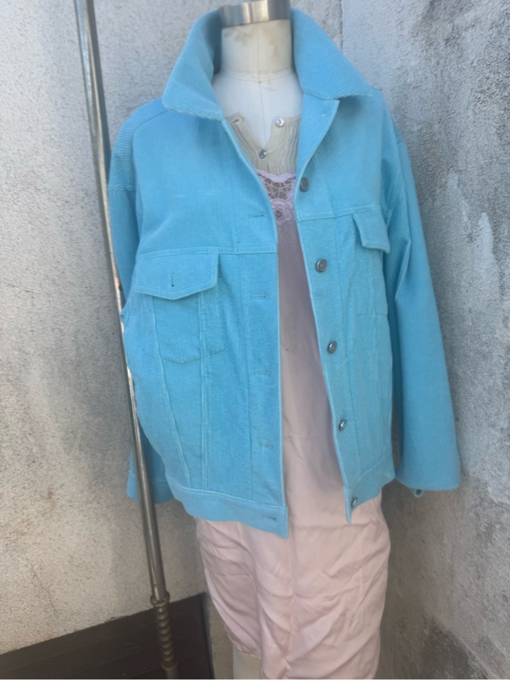 Women's Light Blue Corduroy Jacket - Casual Button-Front Trucker